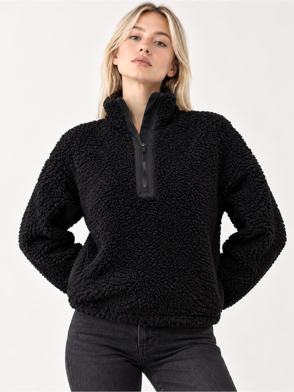 Athleta Cozy Sherpa 1/2 Zip Pullover Black Contrast Stripe Athleisure XXS